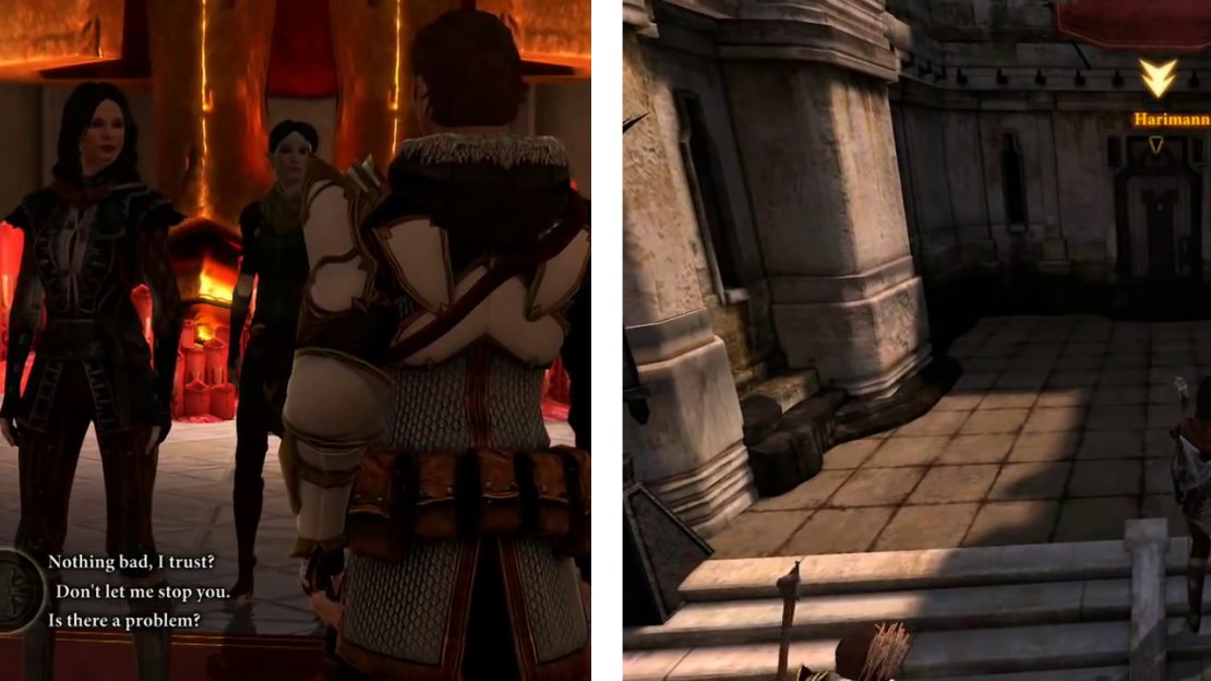 Find Sebastian in the Chantry (left) and then make your way to the Harimann Estate (right).
