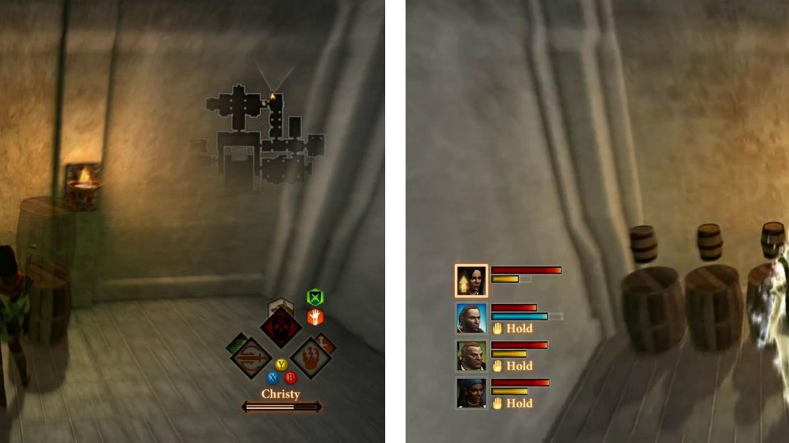 To sove the puzzle, arrange the barrels (left) into the configuration on the right.