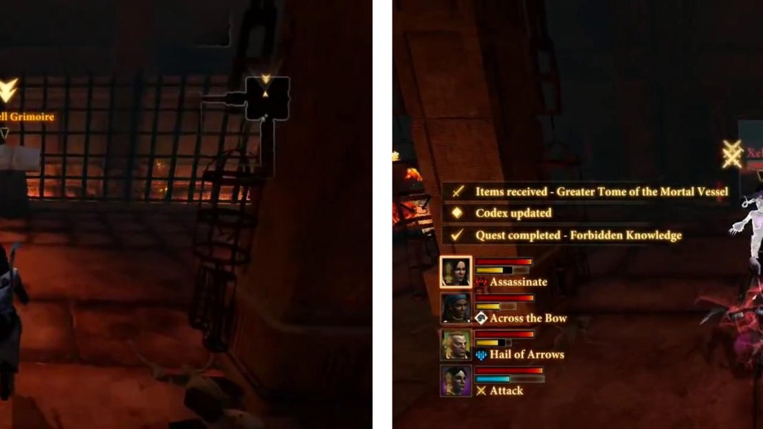 Be sure to read the Fell Grimoire before you destroy it for attribute points (left). When you destroy it, kill Xebenkeck and her minions.