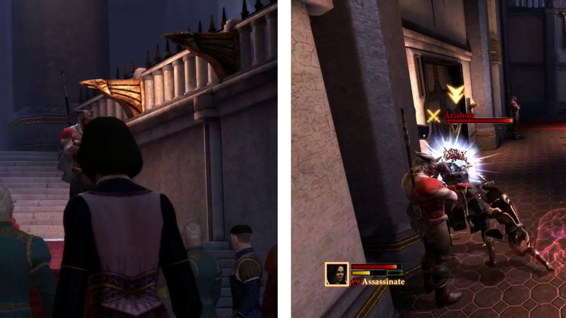 Move into the throne room in the Viscout’s Keep for a scene (left) and then fight the Arishok (right).