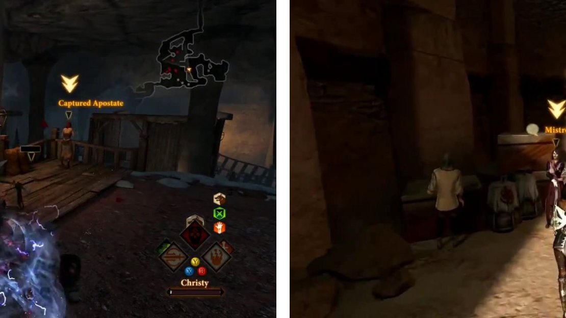 Inside the cave, defeat the enemies and then speak with the Captured Apostate (left) before turning in the quest back in Kirkwall (right).