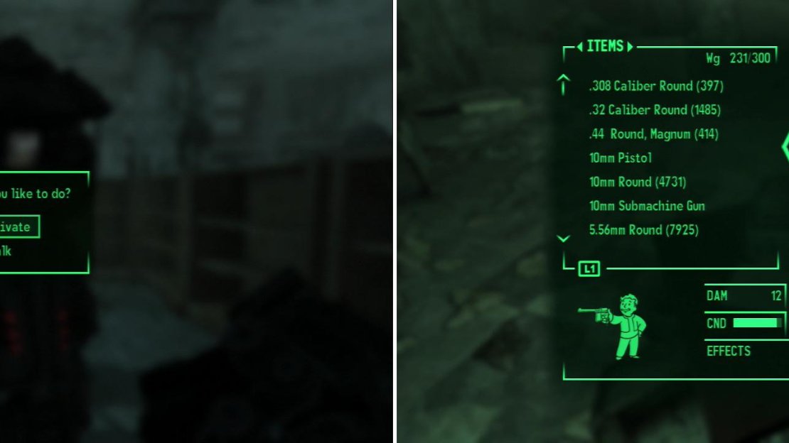 With a high Sneak score and the Robotics Expert perk, dealing with the robots here will be no problem (left). Your prize for scouring the L.O.B. Enterprises building is the Zhu-Rong v418 Chinese Pistol (right).