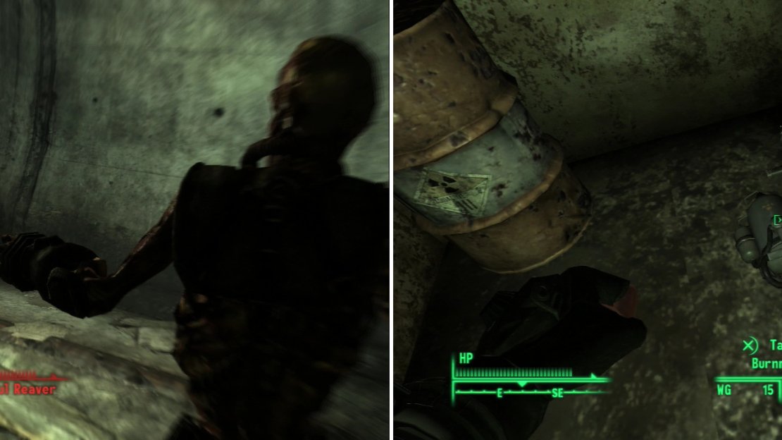 These tunnels are crawling with Feral Ghoul Reavers (left). The Burnmaster excels at making things extra crispy! (right)