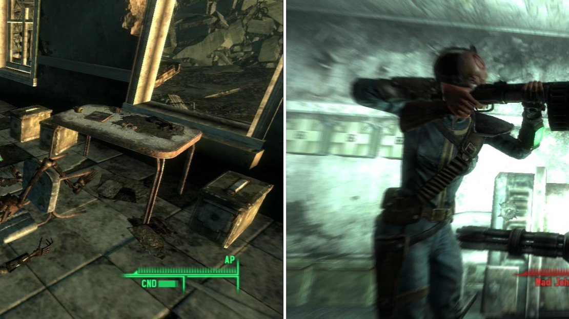 The remains of this sniper overlooks some choice loot, including a copy of Guns and Bullets (left). Confront Mad Johnny Wes in the depths of Hubris Comics (right).