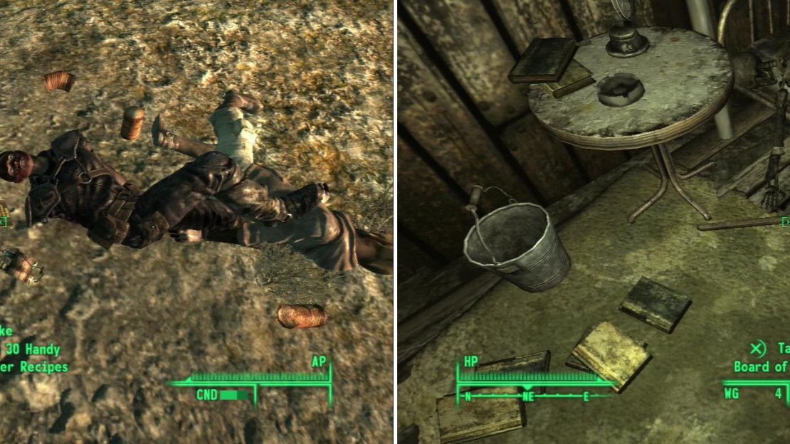 Amongst discarded Tin Cans and a tastefully placed corpse, you’ll find a copy of U.S. Army: 30 Handy Flamethrower Recipes (left). The Board of Education will teach your enemies a thing or two! (right)