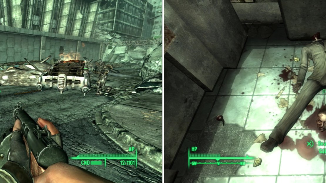 The Enclave will drop in and pick a fight with the Super Mutants patrolling L’Enfant (left). Gibson’s seen better days (right).