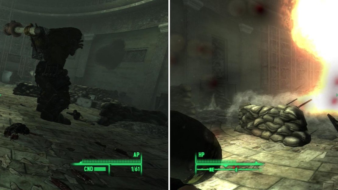 The ongoing struggle between the Talon Company Mercs and the Super Mutants intensifies in the Capitol Building (left), including a Super Mutant Behemoth on one side, and a Talon Company Merc armed with a Fat Man on the other. Target the latter, and turn the captured weapon on the Super Mutant Behemoth (right).
