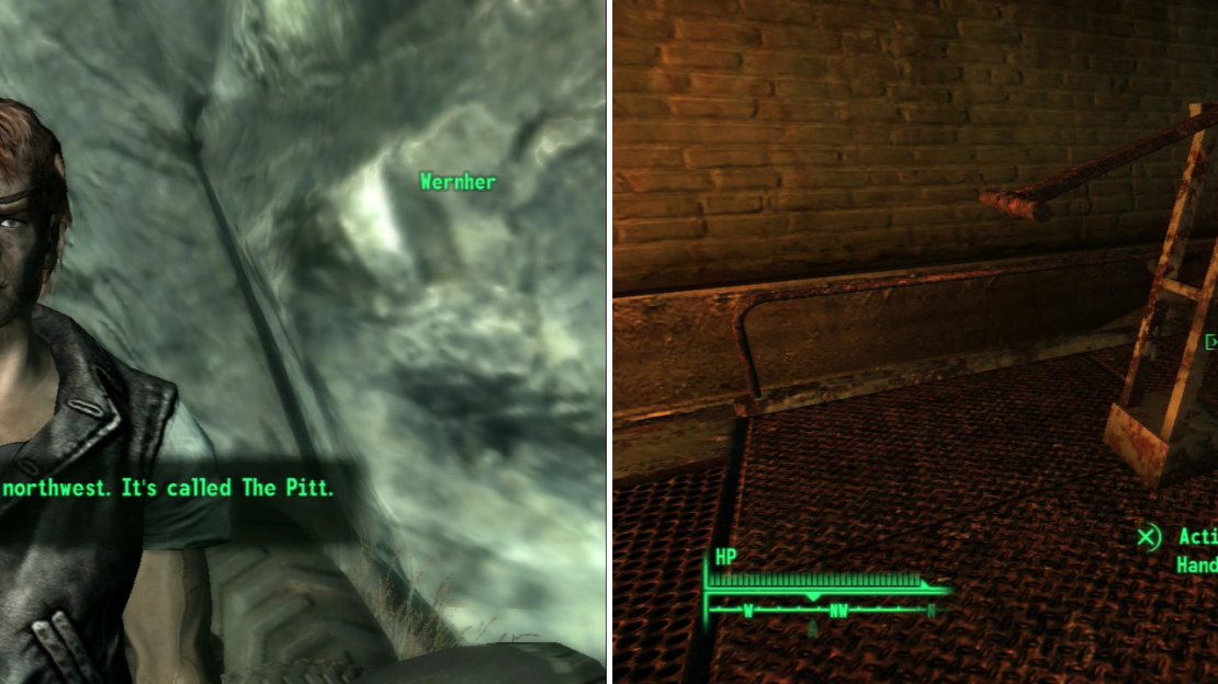 Follow Wenher’s Distress Signal to find… well, Wernher, who will tell you about his troubled homeland (left). Once you’ve obtained the proper attire of a slave, enter the train tunnel and travel to The Pitt (right).