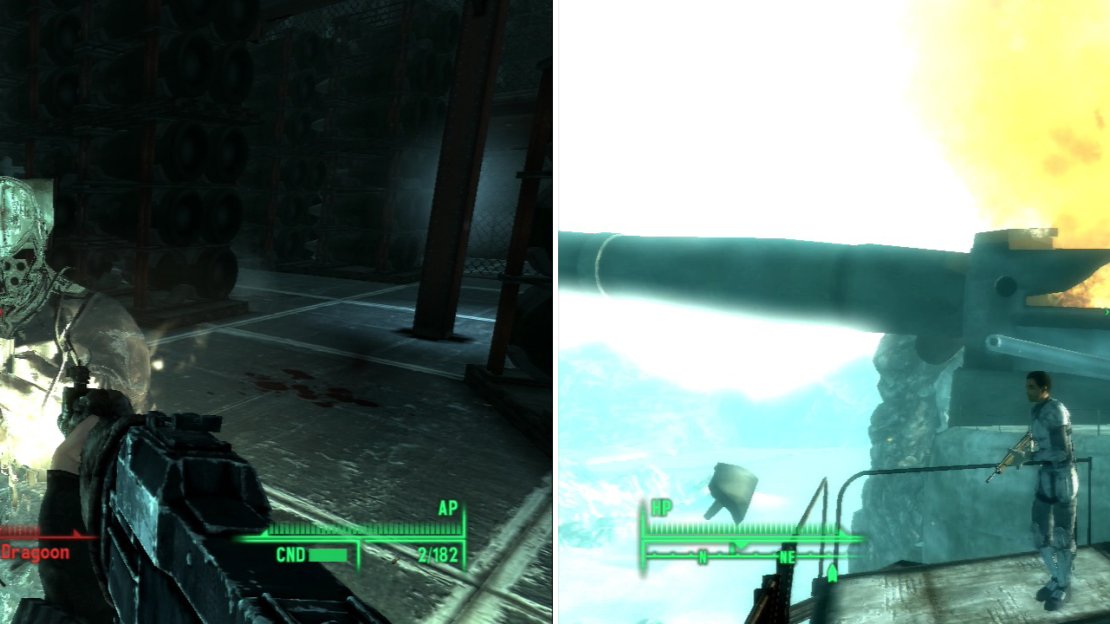 Chinese Dragoons wear armor that allows them to remain mostly invisible indefinitely (left). Blow up the fixed guns that are shelling the U.S. Army camp, and victory is yours (right).