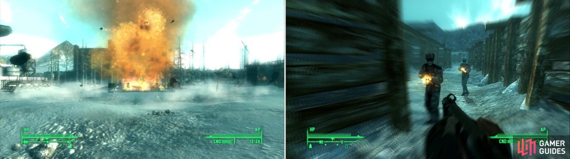 Blow up the fuel tanks at the Chimera Armor Depot (left) to pave the way for an assault on the Chinese-occupied trenches (right).