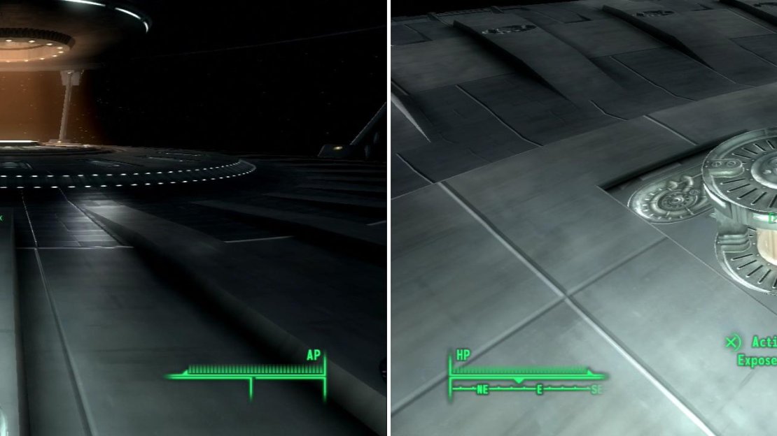 To advance through the alien ship you’ll have to take a little walk… in space! (left) Activate several “exposed panels” to activate a teleporter (right).