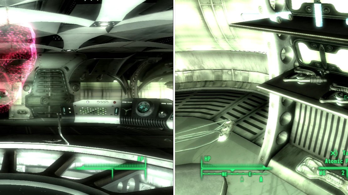 A disembodied alien shows up to issue some idle threats (left). Little does he know, we already destroyed our own planet! The Alien Pulverizer is a significant upgrade over the standard alien sidearm (right).