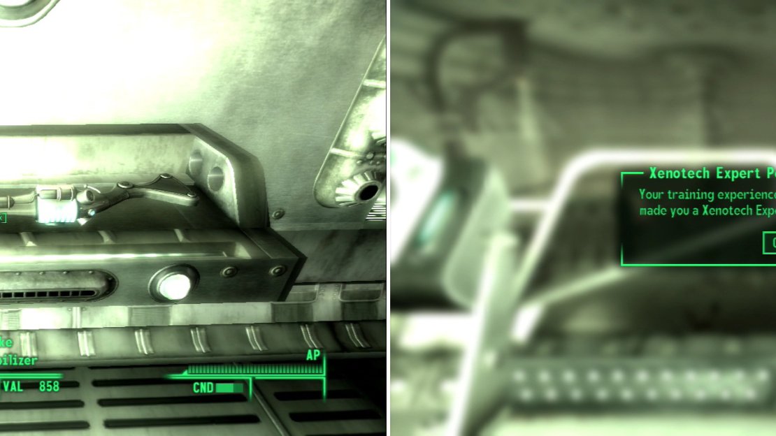 Grab the Destablizer-an improved Alien Disintegrator (left), then summon critters from earth and indulge in some target practice with Alien weapon to earn the Xenotech Expert Perk (right).
