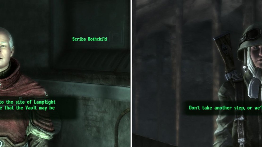 Scribe Rothchild will point you towards the Lamplight Caverns, through which we might reach Vault 87 (left). but Little Lamplight isn’t unnoccupied-you’ll have to deal with Mayor MacCready to gain access (right).