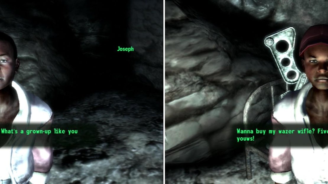 Jaseph will turn on a terminal that can give you access to Vault 87 (left), while Biwwy wiww seww you his Wazer Wifle (right).
