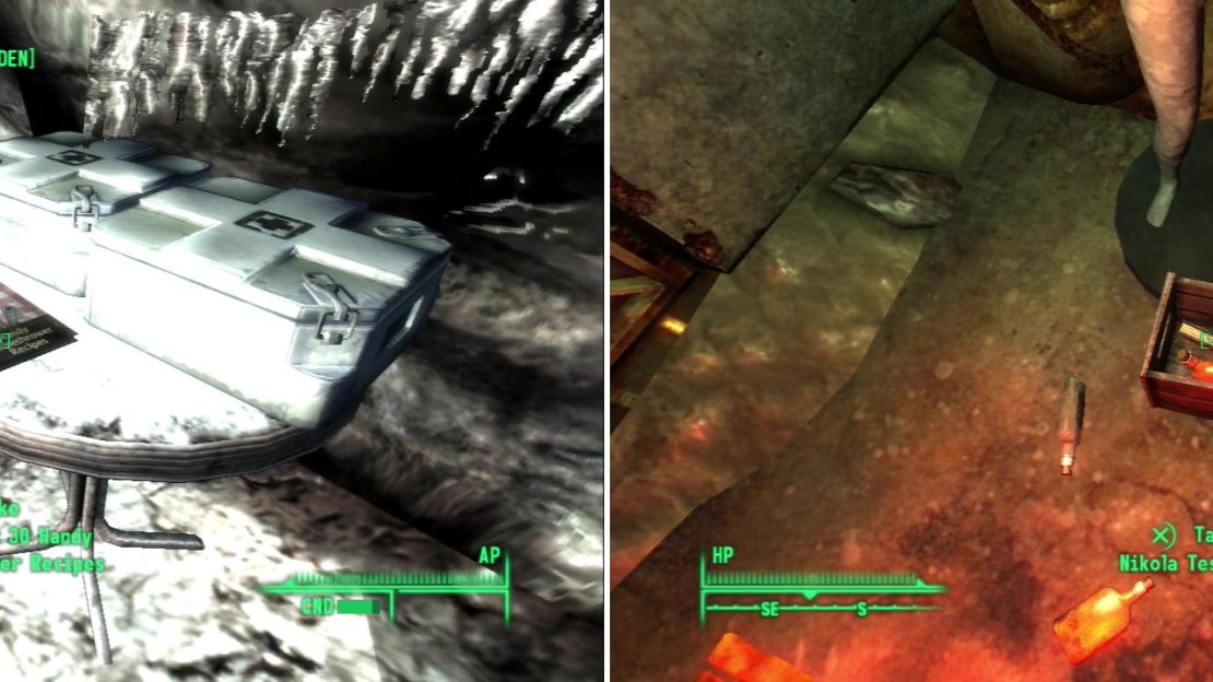 Despite the existence of a back door into Vault 87, there’s plenty of incentive to go through Murder Pass (left). Be sure to grab the copy of Nikola Tesla and You this mannequin is guarding (right).