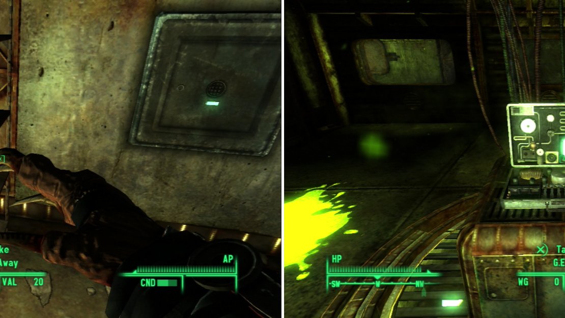 If you plan to grab the G.E.C.K. yourself, a little protection (or a lot) will be in order (left). Make your way through the irradiated halls around the G.E.C.K. to claim your prize (right).
