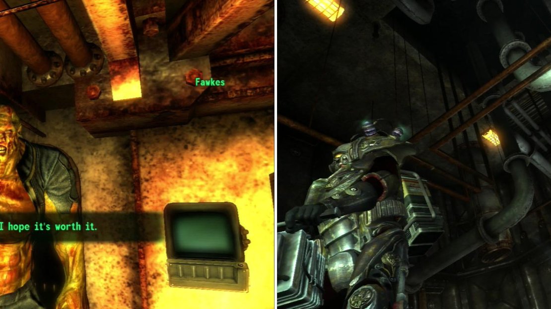 If you free Fawkes, you can send the Super Mutant to recover the G.E.C.K. for you (left). Unfortunately, the Enclave was waiting for you to do all the dirty work so they can claim the G.E.C.K. (right).