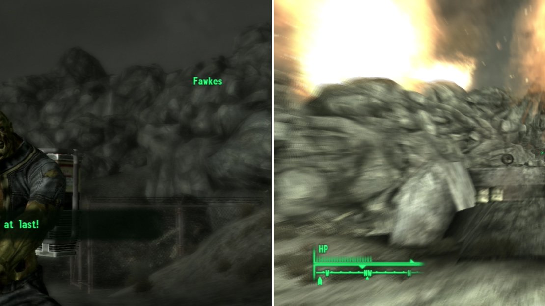 When you escape, you’ll be greeted by Fawkes (left), who has found a new toy in your absence. President Eden makes good on his promise to destroy Raven Rock (right).