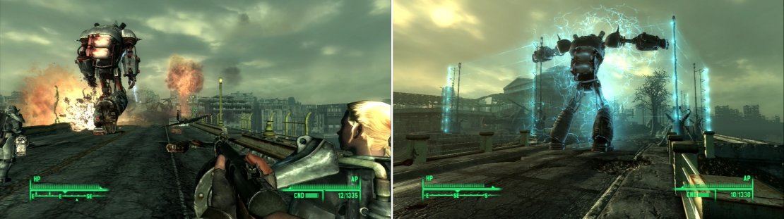 With his eye lasers and mini-nukes, Liberty Prime has no trouble cutting through the Enclave defense (left). Even the energy barriers around Projecct Purity are no match for the Brotherhood&rsquo;s giant robot (right).