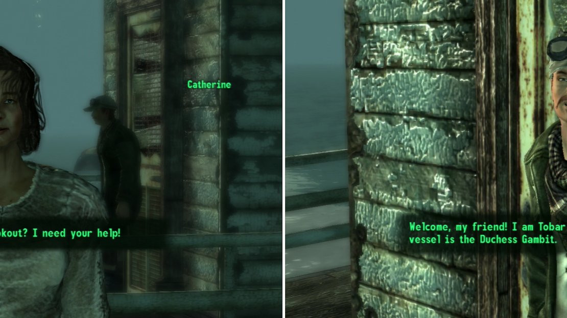 Catherine’s over-adventurous daughter has gone missing, and she’s willing to appeal to any stranger for aid (left). Tobar will take you between Point Lookout and the Capital Wasteland… for a price (right0.