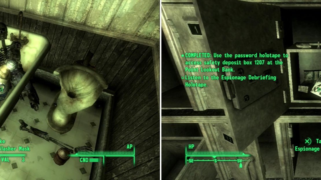 The Pint-Sized Slasher was real! (left) Use your Pip-Boy to play back the “Box 1207 - Spy’s Audio Password” to open a safe (right).