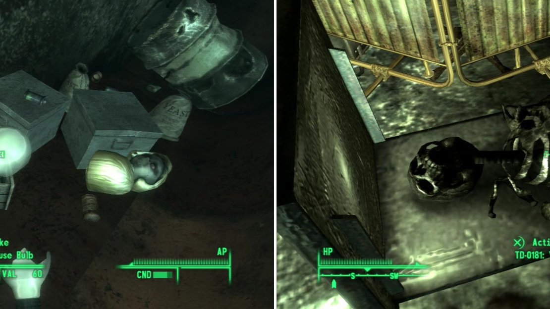 Grab the Lighthouse Bulb from the back of the overturned truck (left). Agent Yang didn’t make it out of Turtledove Detention Camp (right).