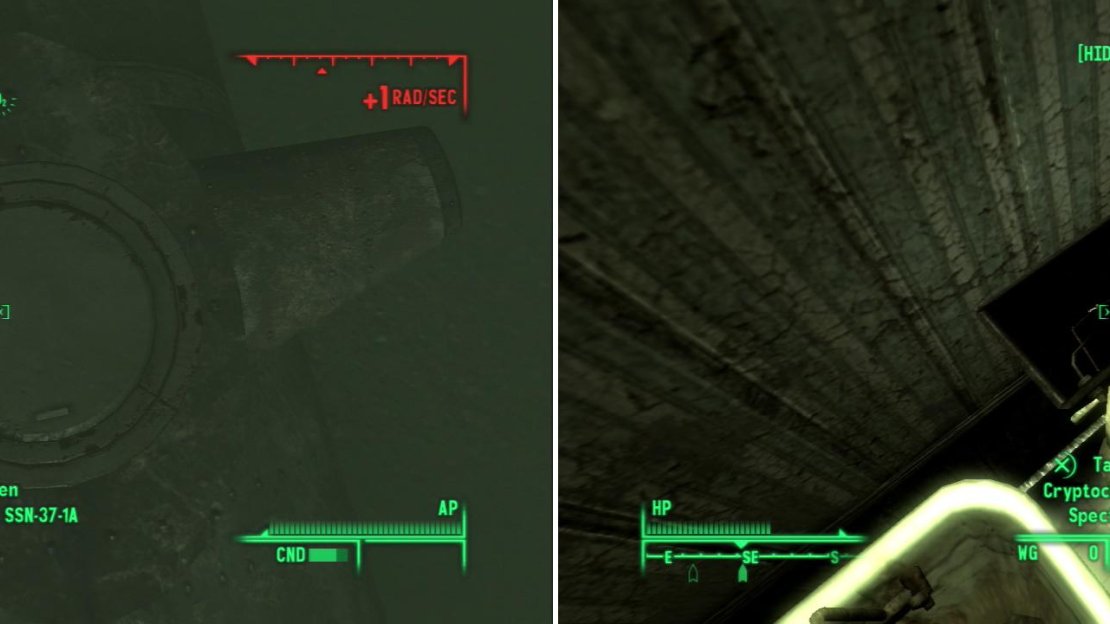 Dive down to find the sunken pocket submarine (left). Once the submarine is detonated, return to the Homestead Motel to find your new orders, and the Cryptochromatic Spectacles (right).