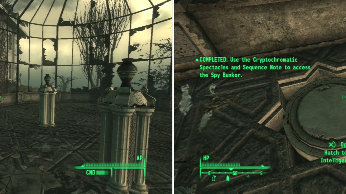 Put on the glasses you fished out from the back of hte swamp motel forest in order to detect the otherwise invisible rings on the urns in the greenhouse (left). Touch the urns in the correct sequence to open up a hidden bunker (right).