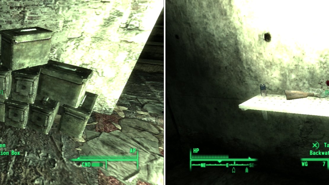 Your reward for completing pre-war espionage includes a generous stack of ammo boxes (left) and the Backwater Rifle (right).