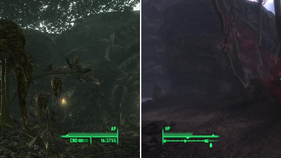 Make your way through the Sacred Bog to find the mother of all Punga Plants (left). Intoxicated by said plant, make your way back through the swamp as various illusions torment you (right).