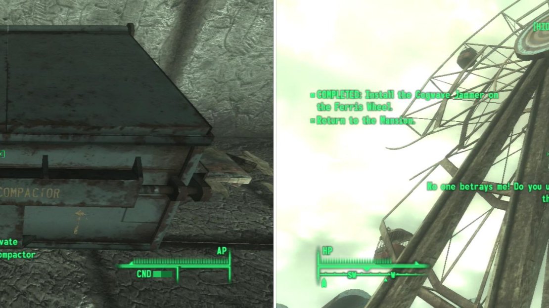 Either toss Desmond’s Cogwaver Jammer in the trash compactor to side with Calvert (left) or attach it to ferris wheel to disrupt Calvert’s control over the Tribals (right).