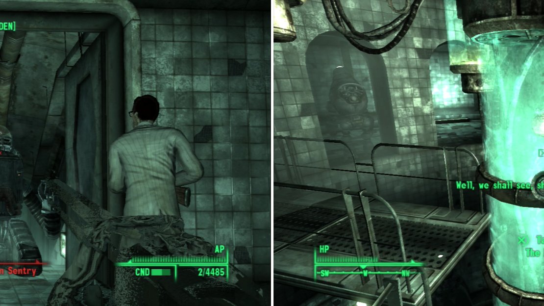 Calvert’s underground laboratory is infested with high-powered robots and turrets (left). Make your way to the depths to come face-to-brain with Calvert (right).