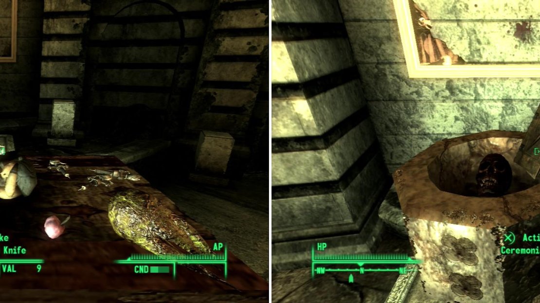 Grab the Ritual Knife from a grisly altar (left) then abscond with the Krivbeknih (right).