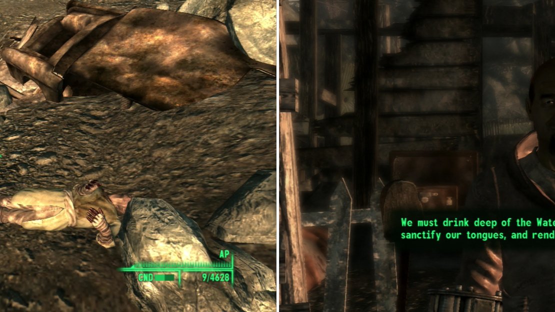 The life-giving gift of water turns goes horribly awry outside Megaton (left). An insane new cult has sprung up in Springvale (right).