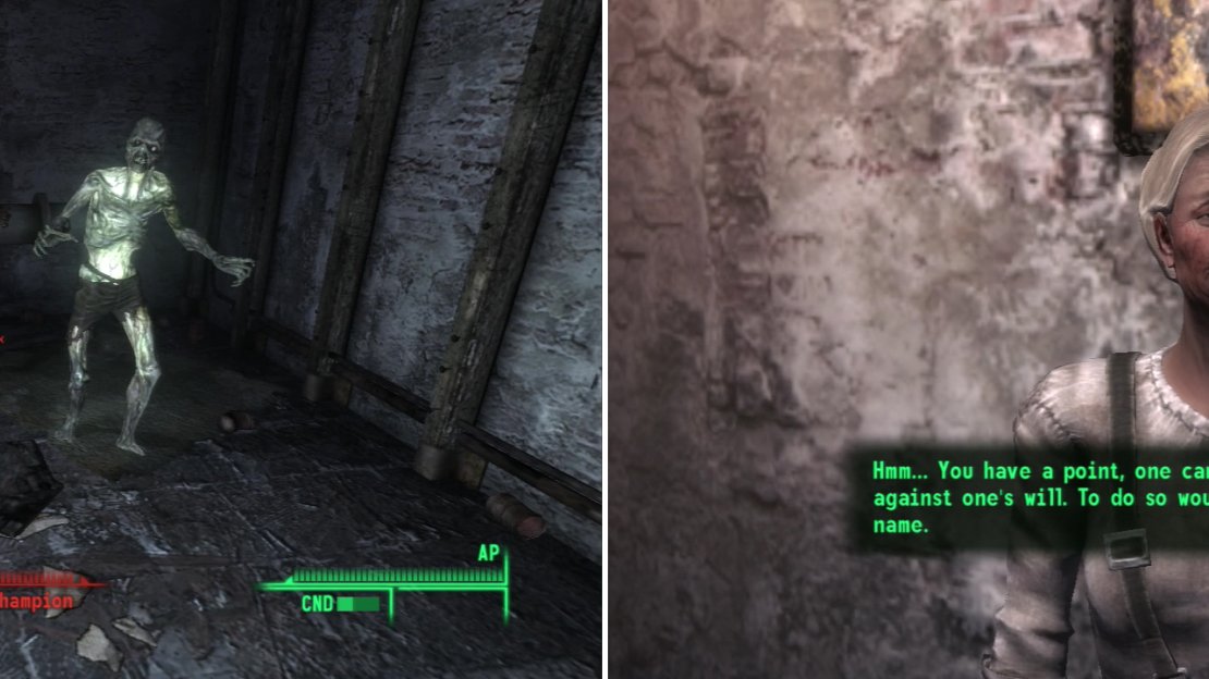 Two powerful Ghouls defend the Holy Light sect of the Church of Atom (left). Led by this crazy, these cultists have been irradiating the water so many people died to purifiy (right).
