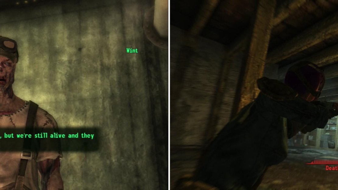 Wint is one of the few survivors of a team of Ghouls that foolishly tried to plunder Old Olney Underground (left). Deathclaws prowl around-sneak attack criticals are your friend (right).