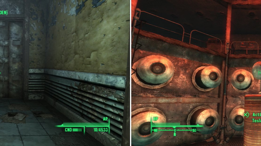 If your Science score is up to snuff, you can bypass most of this area by hacking the terminal that opens this door (left). However you go through this area, your prize is the Tesla Coil (right).
