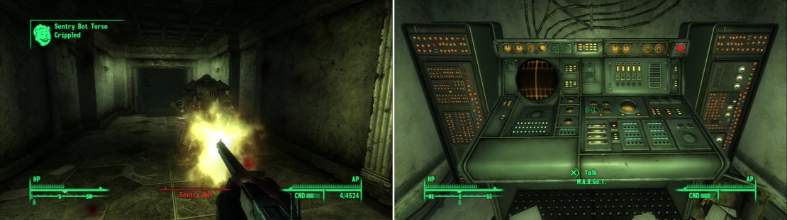 These intact metro tunnels are patrolled by powerful robots and turrets&hellip; (left) probably a large reason why they&rsquo;re still intact. M.A.R.Go.T., the computer in charge of these tunnels (right), will tell you about a breach that must be cleared before normal operations can be restored.