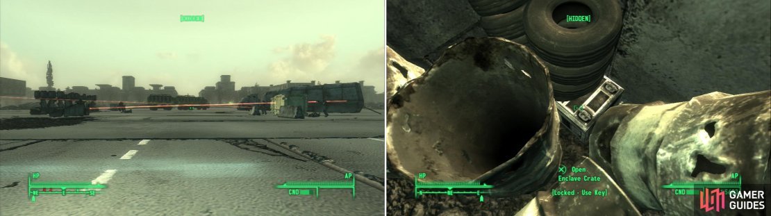 The Brotherhood will show up to lend a hand (left)&hellip; for what little good they do. Find this stash hidden under some metal drums (right)