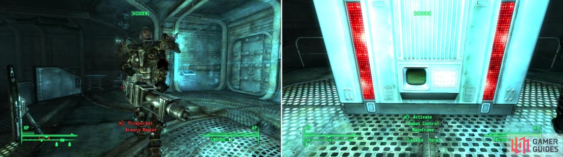 Kill the Armory Master for some choice loot (left) and be sure to loot the armory he guards! If you hack the Mainframe, you&rsquo;ll turn all the robots on the base into allies (right).