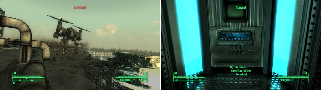 Vertibirds will drop Enclave reinforcements on the roof in a last-ditch effort to stop you (left). Access the Satellite Uplink Terminal and choose your target&hellip; (right)
