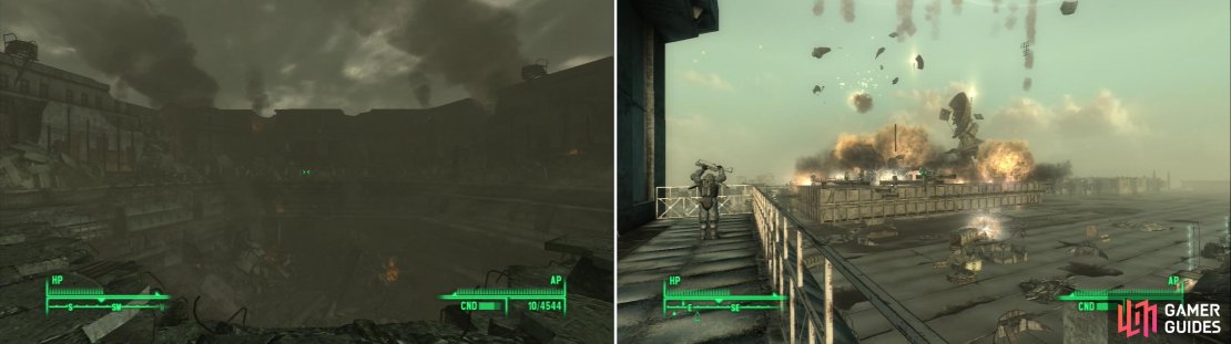 Loot the ruins of the Citadel after demolishing it (left) or witness the destruction of the Enclave&rsquo;s Mobile Platform (right).