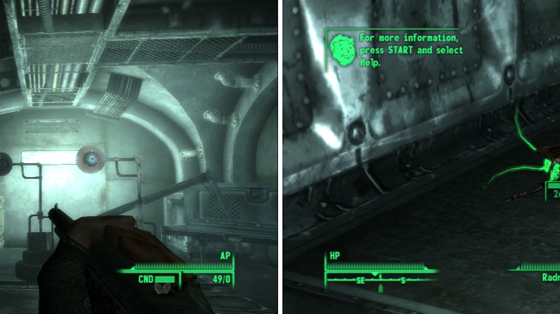 Target practice, both shooting from the hip (left) and in V.A.T.S. (right). You’ll be doing both quite a bit.