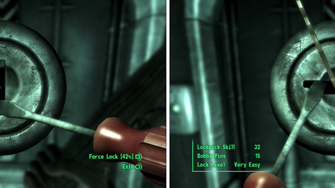 A defiant lock stands imposing and vertical (right), but is soon thrown down in horizontal defeat (left).