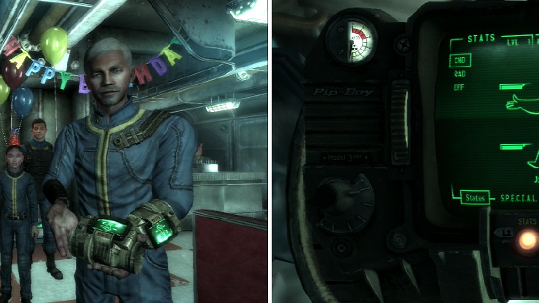 You are presented with the Pip-Boy 3000 (left), an indispensible tool that you’ll be using quite a bit over the course of the game (right).