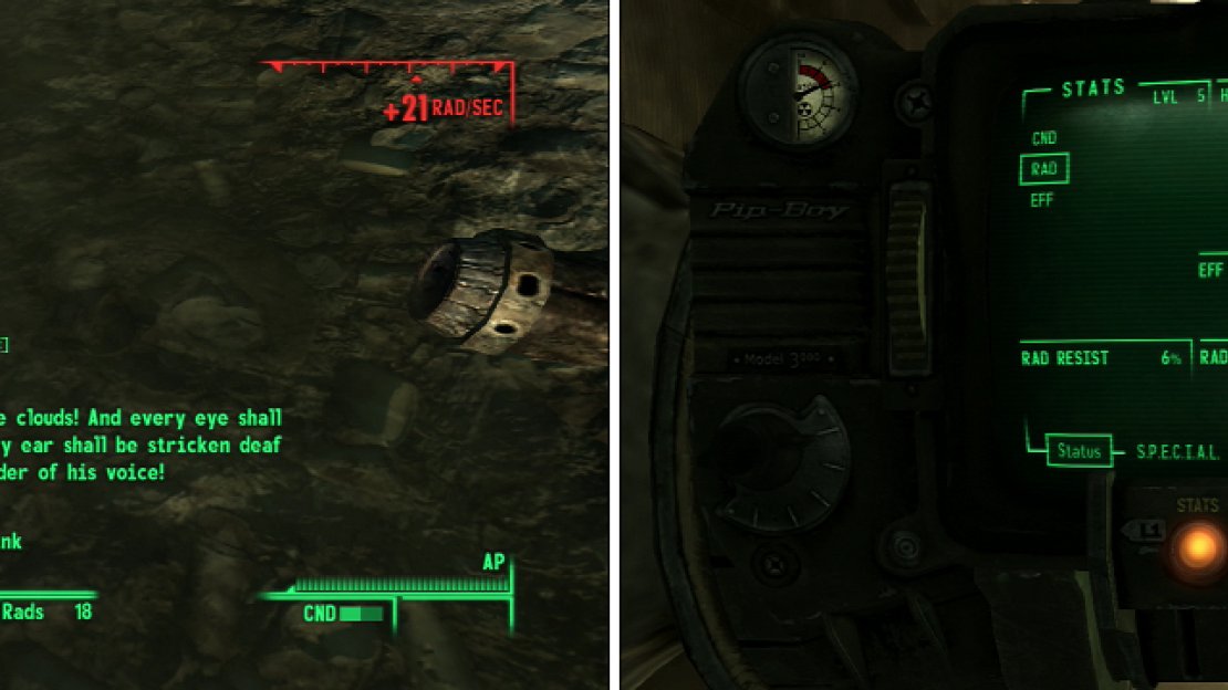 All you have to do for Moira’s first task is catch some Rads, which is pretty easy in Fallout 3. Drink some irradiated water, courtesy of Megaton’s resident warhead (left), and when you hit 600 Rads, you’ll be good to glow (right).