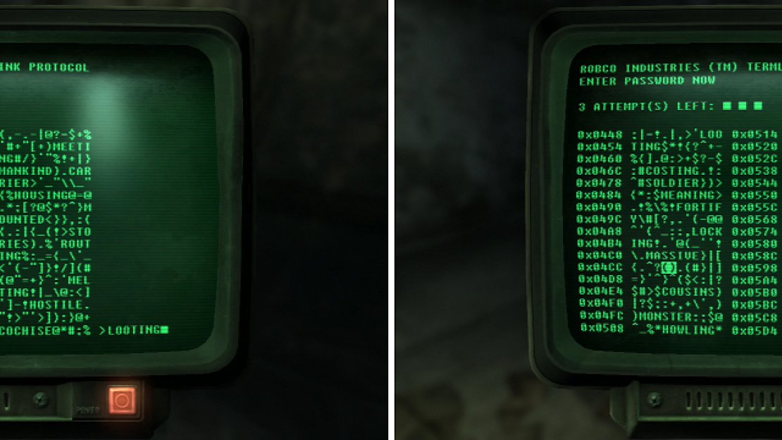 The word LOOTING-a possible password for the console-is highlighted (left). Enclosed brackets may remove duds or replenish entry attempts (right).