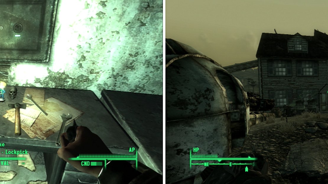 The Bobblehead - Lockpick (left) is your prize for clearing the Bethesda Ruins. The Raid House (right) looks peaceful enough… but looks can be decieving.