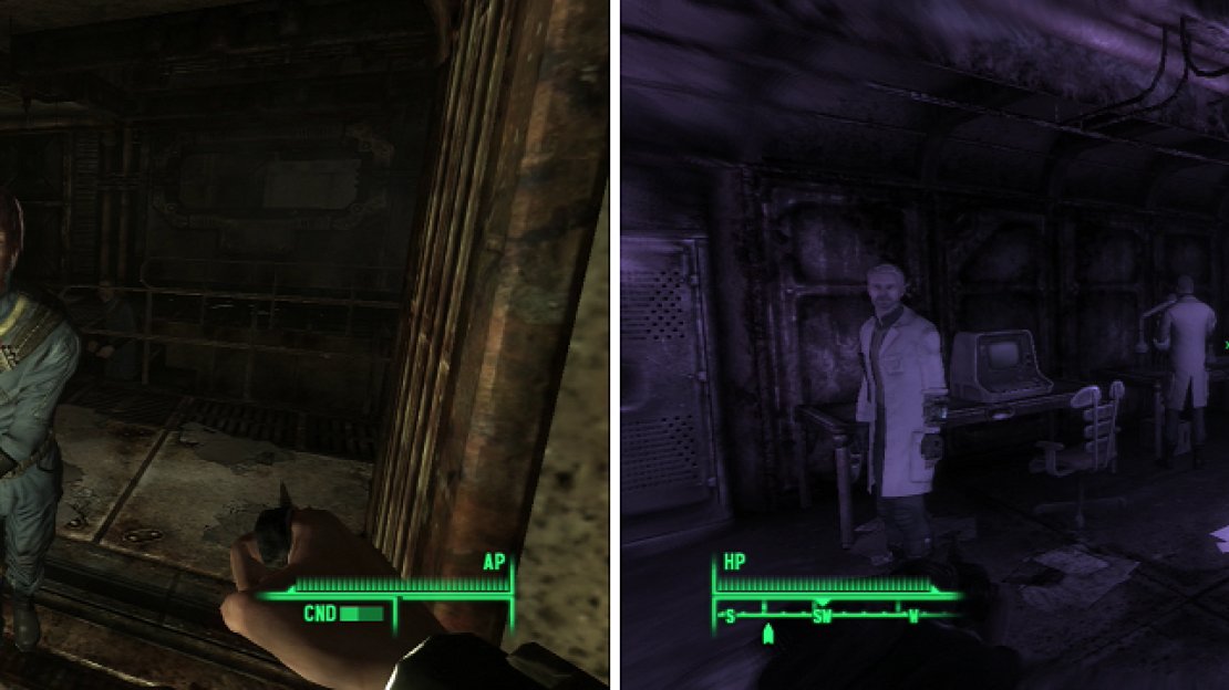 The survivors of Vault 106 and you are not going to become friends (left). You will occassionally experience odd visions as you progress through Vault 106 (right).